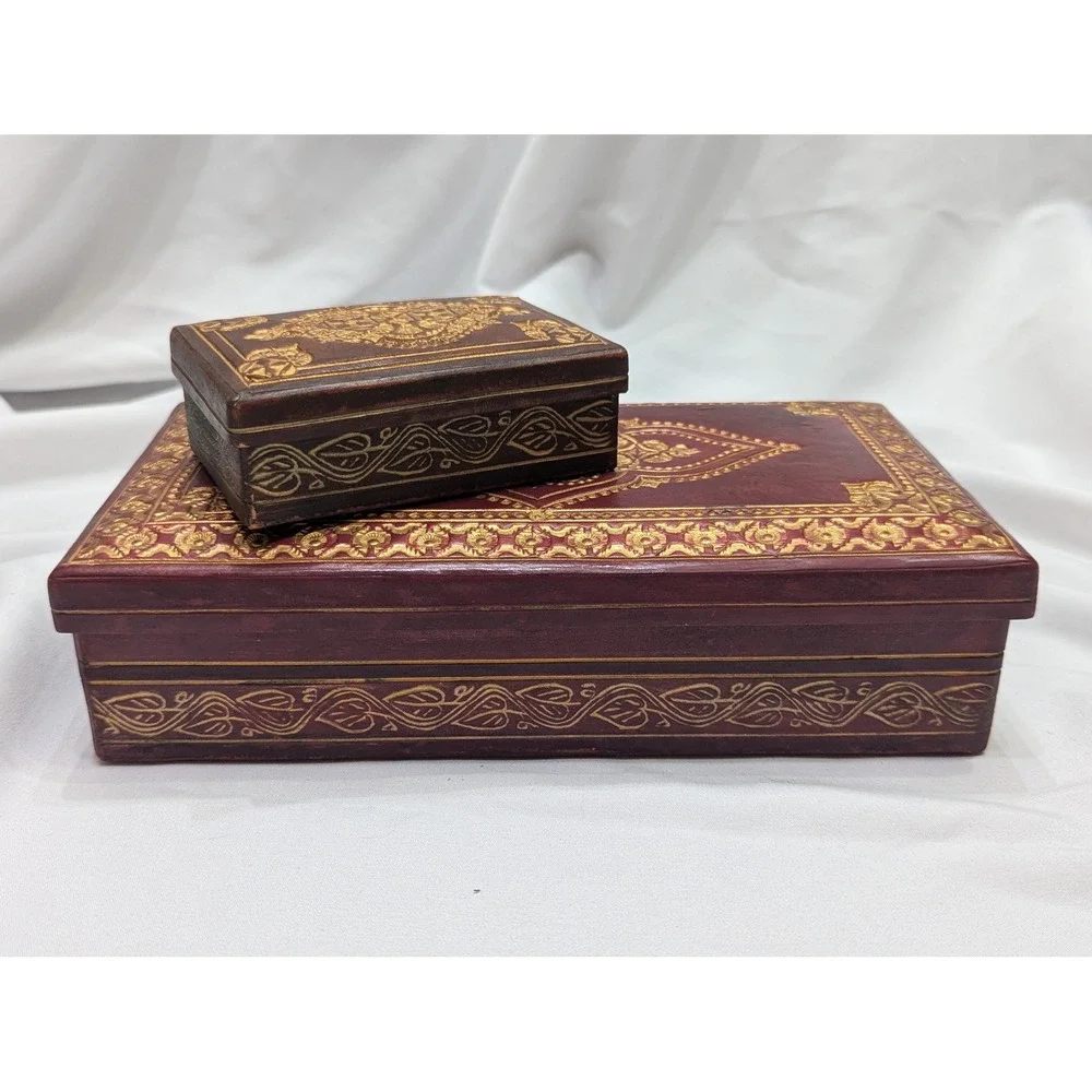 Vintage Signed Leather/Faux Box Set, Hand Tooled Brazilian Storage Boxes